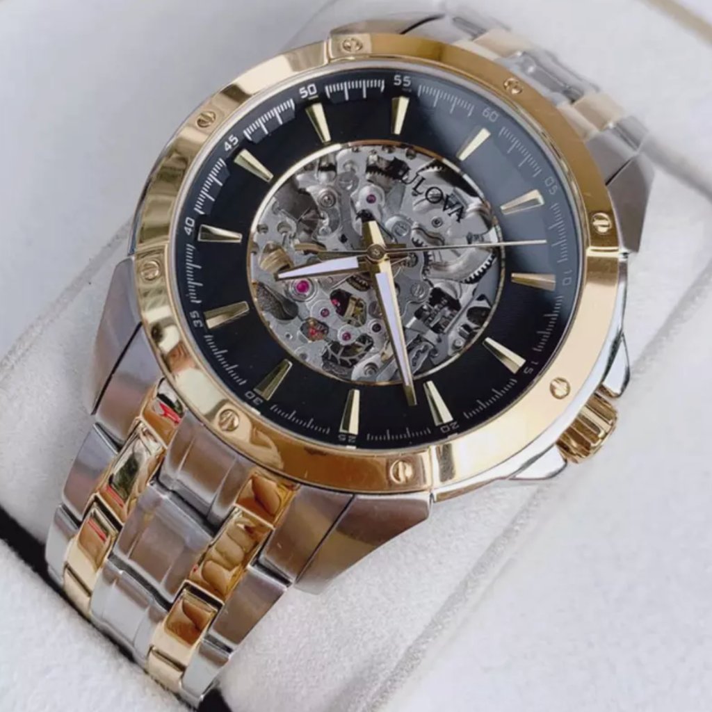 Bulova Dual Tone Automatic Black Dial Mens Watch